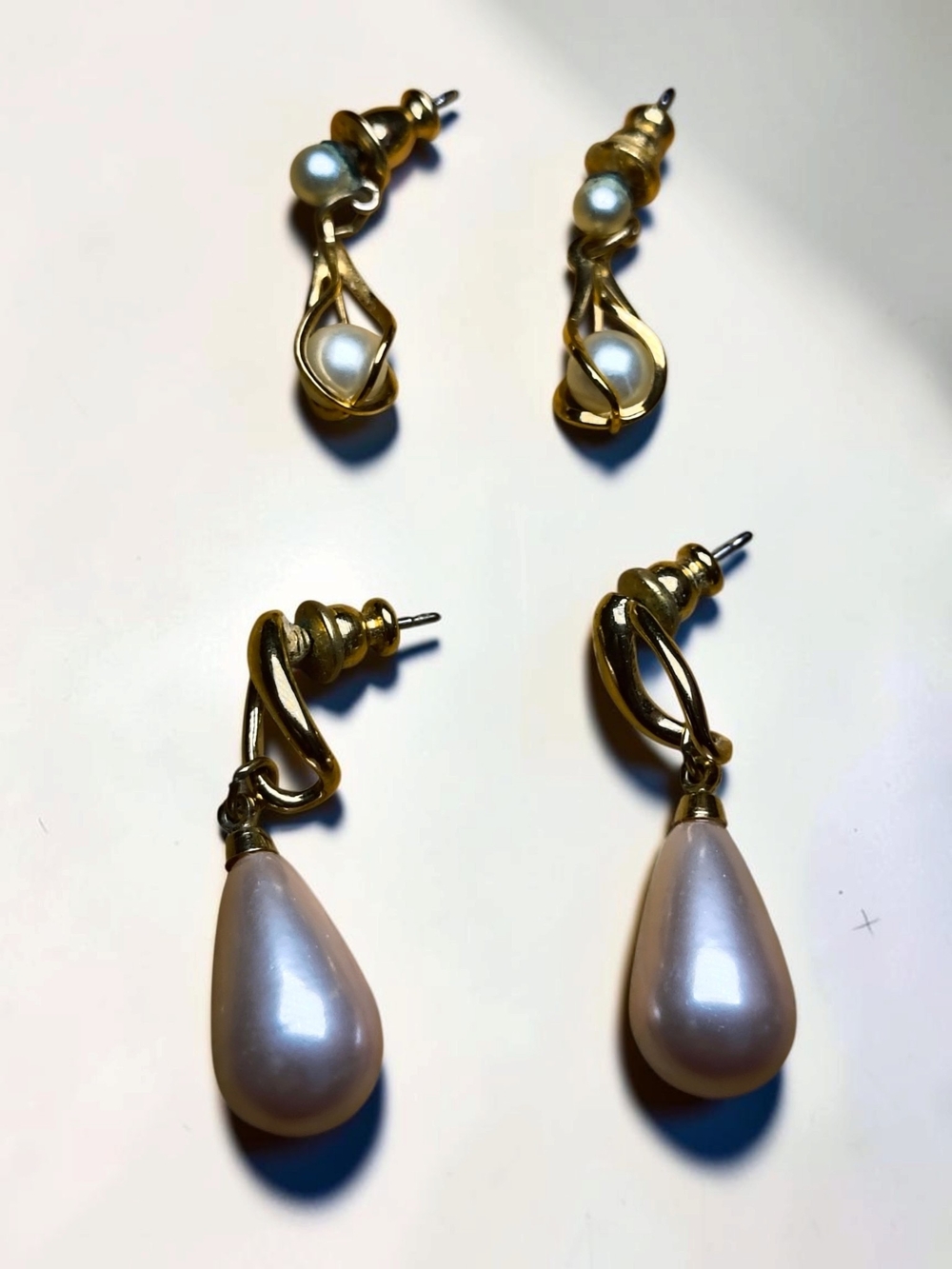 Vintage Gold Tone Faux Pearl Drop Earrings 2 Pair Set